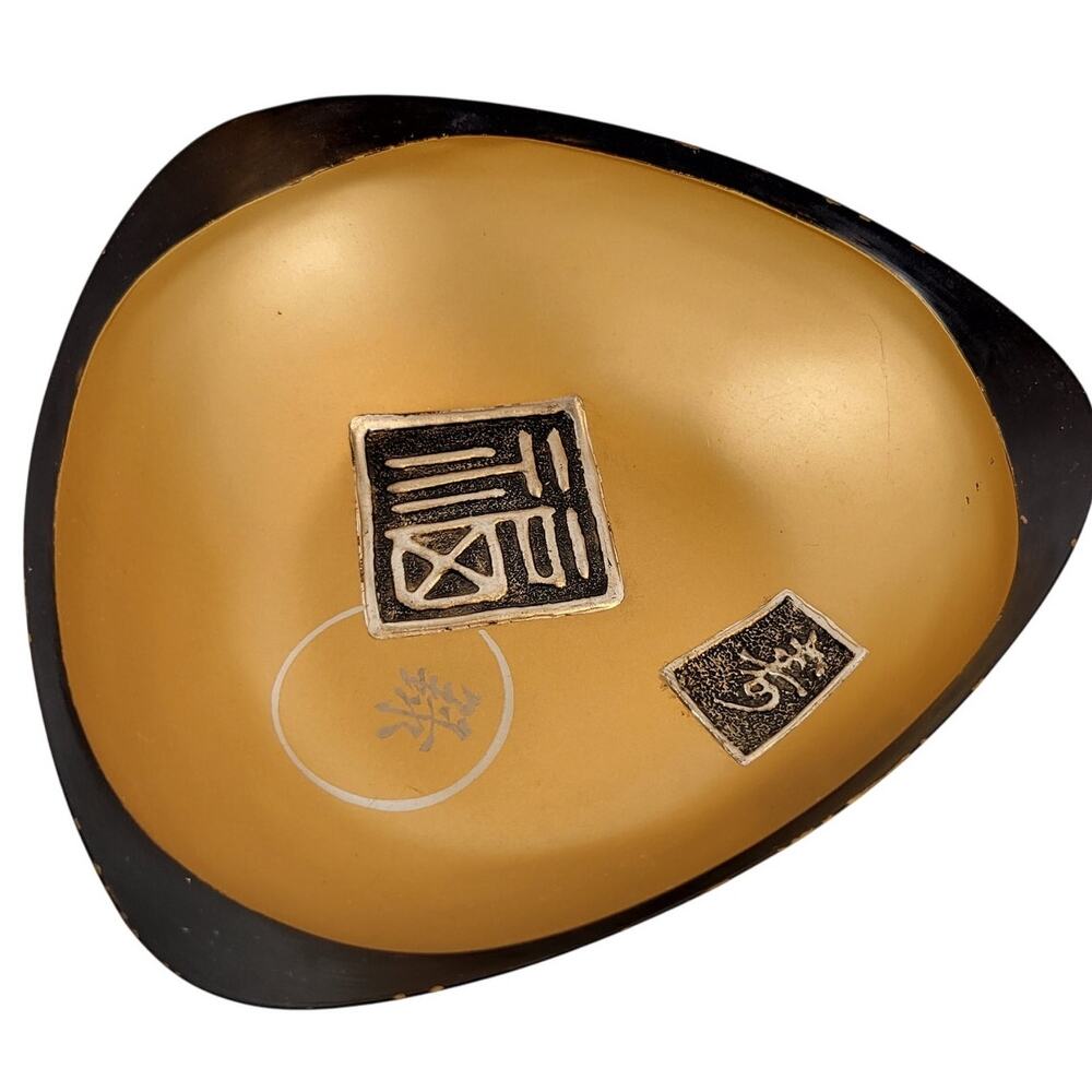 Fred Roberts Japan Mid Century Black Gold Bowl Triangle Dish Asian Symbols
